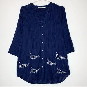 Soft Surroundings Fish Embroidered Navy Tunic | Size Small Petite